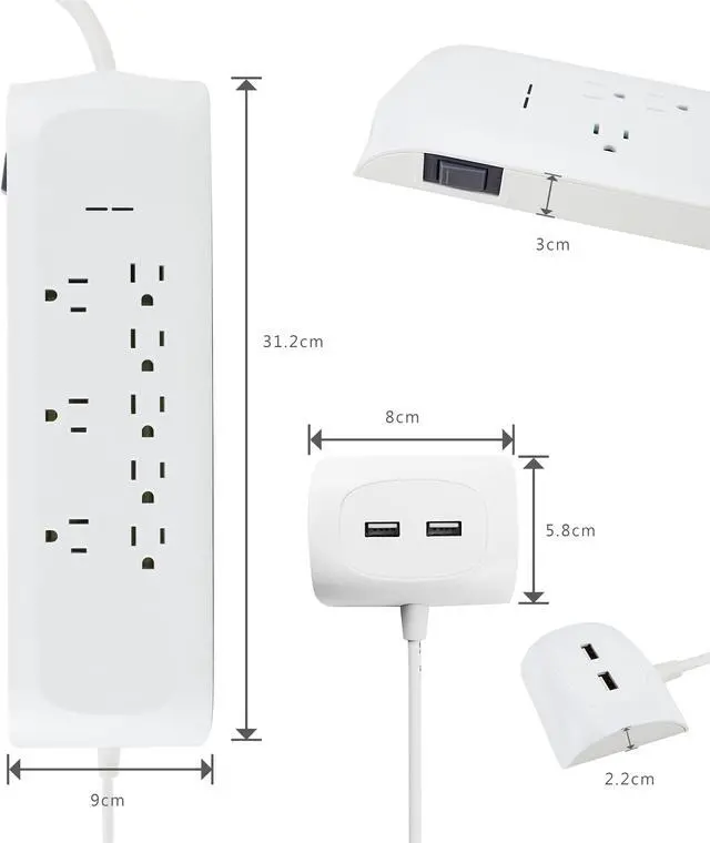 Alt view image 3 of 7 - 8 Outlet Surge Protector Power Strip with2 USB Charging Ports (2.4A), 6 + 4 FT Extension Cord with Straight Plug, 2400 Joules Overload Portection,Wall Mountable, ETL Listed, White