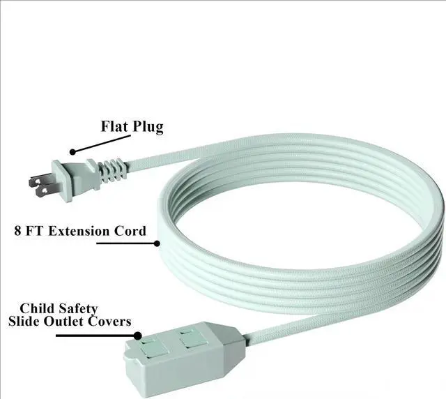 Alt view image 2 of 4 - Oviitech 2 Prong outlet Power Strip, 3 outlet, 8 Ft Extension Cord With Child Safety Slide Outlet Covers,Use in Indoor Rated, Home,Office or Kitchen,Mint Green,2 Pack.