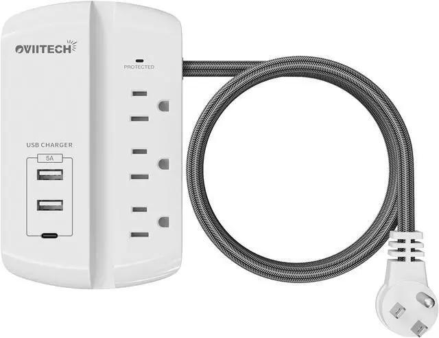 Alt view image 3 of 5 - OviiTech Power Strip With USB-C,Surge Protector Power Strip,3 AC Outlets with 2 Smart USB Charging Ports(2A) and 1 Type-C Charging Ports (5A), 6 Foot Heavy Duty Extension Power Cord,With Phone Holder