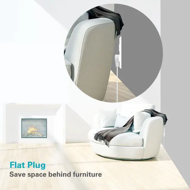 Alt view image 4 of 6 - 8 Foot Flat Plug Extension Cord, Basics Indoor 3 Prong Grounded Wire, Angled Plug, White, UL Listed 2PK