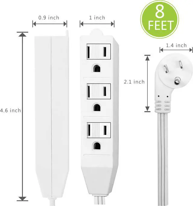 Alt view image 2 of 6 - 8 Foot Flat Plug Extension Cord, Basics Indoor 3 Prong Grounded Wire, Angled Plug, White, UL Listed 2PK
