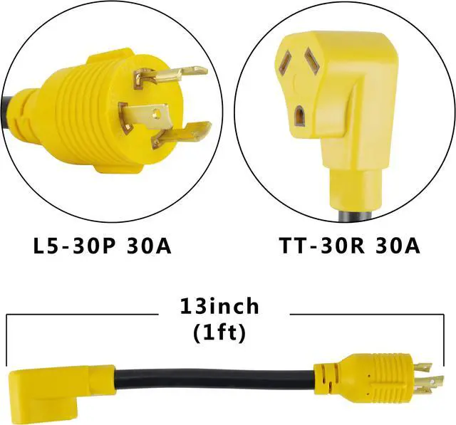 Alt view image 4 of 5 - 3 Prong RV Generator Adapter Cord,NEMA L5-30P to TT-30R,30 Amp 125V Generator to RV Adapter with 1FT,Heavy Duty STW 10/3 Cord, Yellow