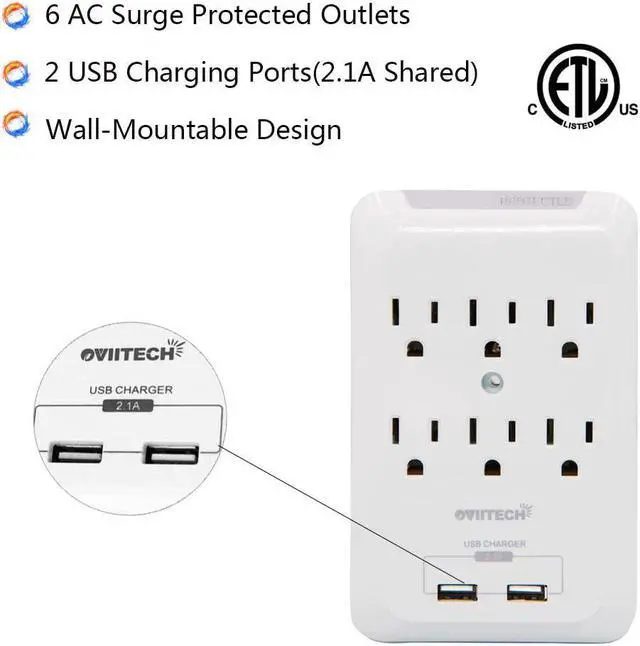 Alt view image 2 of 6 - Multi-Function Wall Mount Outlet Adapter, Surge Protector Charging Station, OviiTech Dual 2.1AMP USB Charging Ports,6 AC Socket Outlet Splitter Plugs,White,ETL Certified