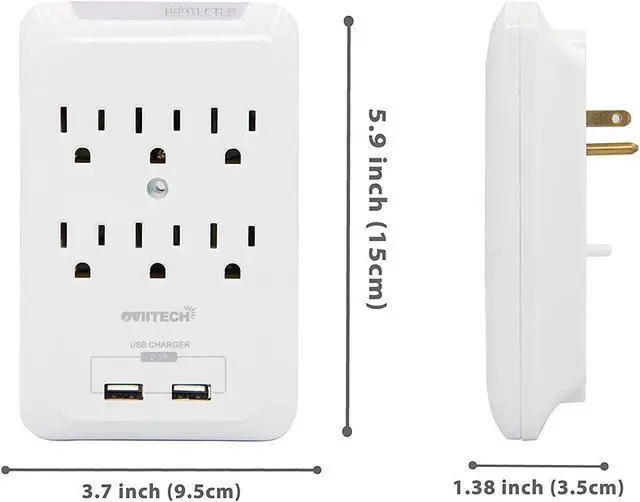 Alt view image 3 of 6 - Multi-Function Wall Mount Outlet Adapter, Surge Protector Charging Station, OviiTech Dual 2.1AMP USB Charging Ports,6 AC Socket Outlet Splitter Plugs,White,ETL Certified