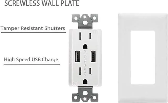 Alt view image 2 of 5 - Outlet with USB High Speed Charger 4.2A Charging Capability,Duplex Receptacle 15 A, Tamper Resistant Wall socket USB Outlet,Child Proof Safety,Screwless Wall Plate,White (2 Pack)