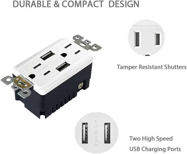 Alt view image 3 of 5 - Outlet with USB High Speed Charger 4.2A Charging Capability,Duplex Receptacle 15 A, Tamper Resistant Wall socket USB Outlet,Child Proof Safety,Screwless Wall Plate,White (2 Pack)