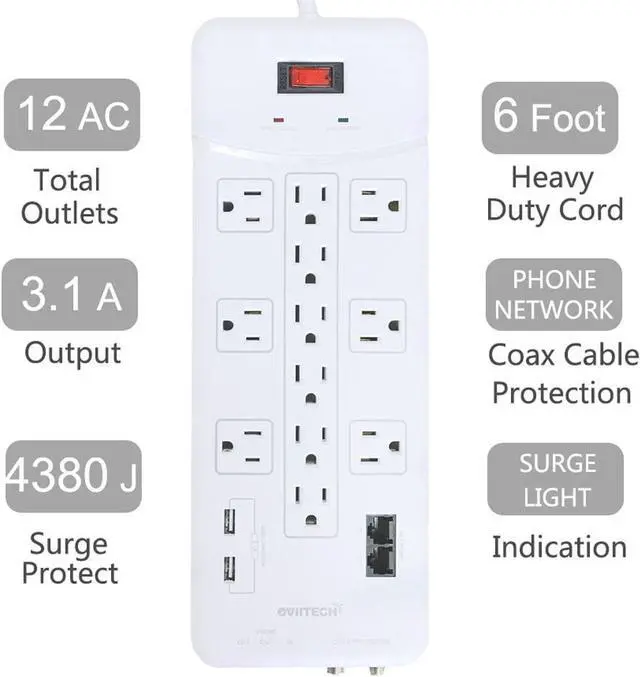 Alt view image 2 of 7 - OviiTech 12 Outlet All-In-One Mountable Surge Protector Power Strip with2 USB Charging Ports(3.1A Total and Phone/Ethernet/Coax Protection,6 Foot Heavy Duty Extension Cord,4380 Joules,White,ETL Listed