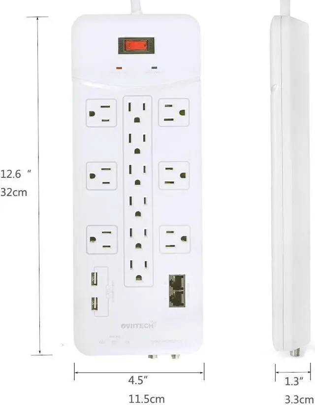 Alt view image 4 of 7 - OviiTech 12 Outlet All-In-One Mountable Surge Protector Power Strip with2 USB Charging Ports(3.1A Total and Phone/Ethernet/Coax Protection,6 Foot Heavy Duty Extension Cord,4380 Joules,White,ETL Listed
