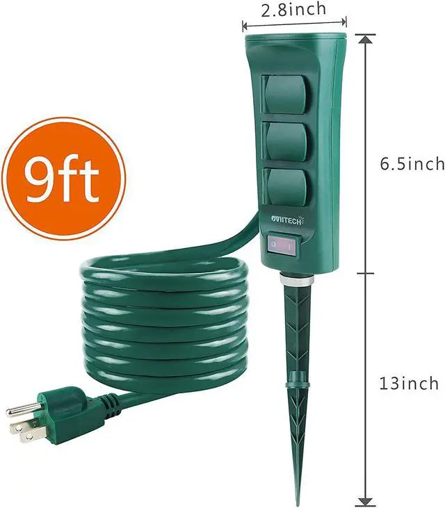 Alt view image 2 of 6 - Oviitech 6-Outlet Outdoor Yard Power Stake with Weatherproof Cover and ON/Off Switch,9 Ft Long Extension Cord Power Strip, Weather Resistant, ETL Certified, Green