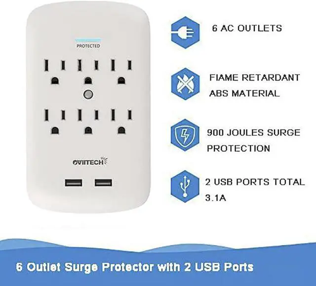 Alt view image 2 of 6 - Oviitech 6 Outlet Surge Protector,900 Joules Wall Adapter Tap with 2 USB Charger, Dual 3.1A USB Ports, 3-Prong Wall Mount Outlet Plugs,ETL Listed,White