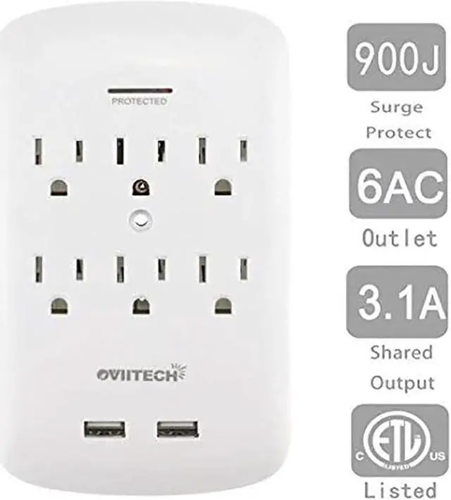 Alt view image 4 of 6 - Oviitech 6 Outlet Surge Protector,900 Joules Wall Adapter Tap with 2 USB Charger, Dual 3.1A USB Ports, 3-Prong Wall Mount Outlet Plugs,ETL Listed,White
