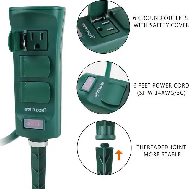 Alt view image 3 of 6 - Outdoor Power Strip Weatherproof with 6 Foot Extension Cord, 6-Outlet Yard Power Stake with ON/Off Switch, ETL Certified, Green