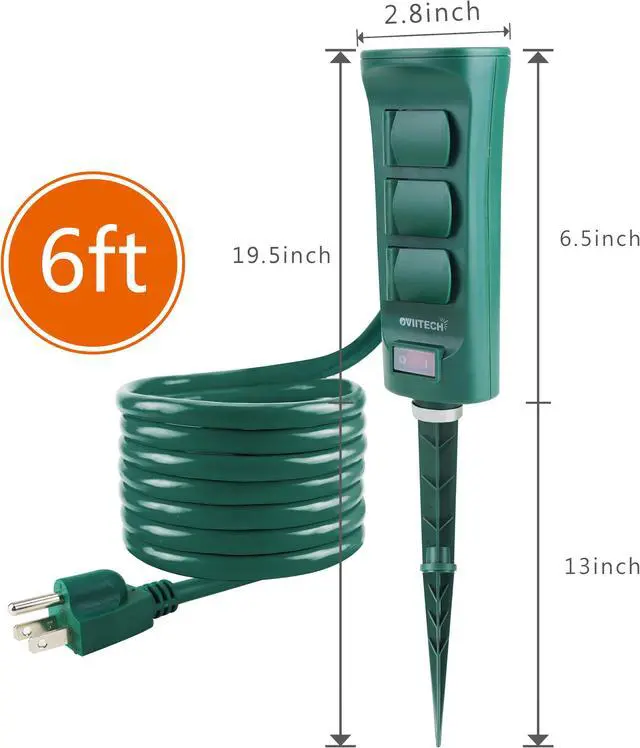 Alt view image 2 of 6 - Outdoor Power Strip Weatherproof with 6 Foot Extension Cord, 6-Outlet Yard Power Stake with ON/Off Switch, ETL Certified, Green