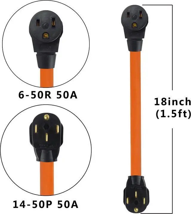 Alt view image 2 of 3 - NEMA 14-50P to 6-50R Welder Adapter Cord, 1.5FT Heavy Duty 50A 250V Generator/RV Converter, Orange
