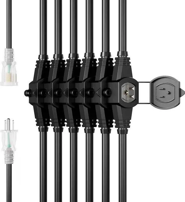 Alt view image 2 of 6 - 50FT Power Extension Cord 3 Prong, 14 Gauge SJTW 5-15R Cable Male Plug to Female Connector,7 Outlet Cable,Multiple Evenly-Spaced Plug,Suitable for Stage Setting or Outdoor,UL Certified Outlet Cable