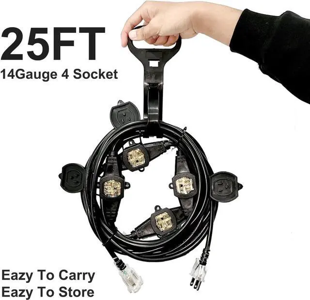 Alt view image 2 of 7 - 25FT Power Extension Cord 3 Prong, 14 Gauge SJTW 5-15R Cable Male Plug to Female Connector,5 Outlet Cable,Multiple Evenly-Spaced Plug,Suitable for Stage Setting or Outdoor,UL Certified Outlet Cable
