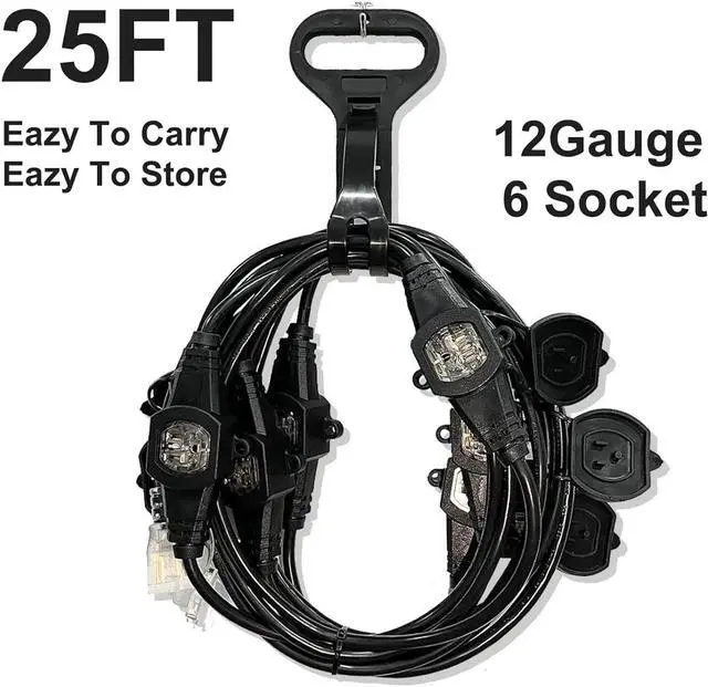 Alt view image 2 of 7 - 25FT Power Extension Cord 3 Prong, 16 Gauge SJTW 5-15R Cable Male Plug to Female Connector,7 Outlet Cable,Multiple Evenly-Spaced Plug,Suitable for Stage Setting or Outdoor,UL Certified Outlet Cable