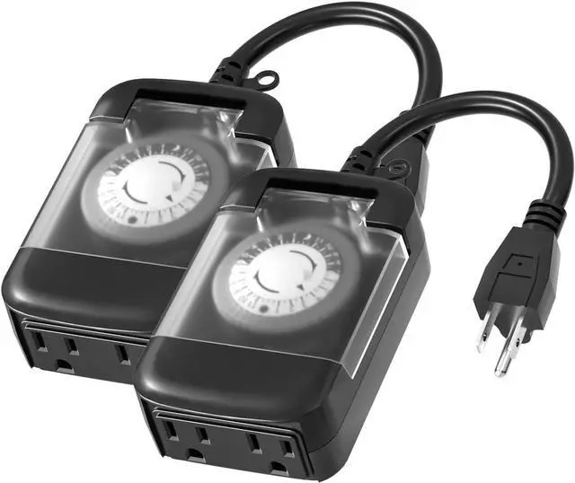 Main image of 24 Hour Outdoor Mechanical Timer Switch with Two Ground outlets, Variable on/Off Setting Every 30 Minutes, 48 pin Setting dial, up to 24 Events per Day,ETL Listed,Black