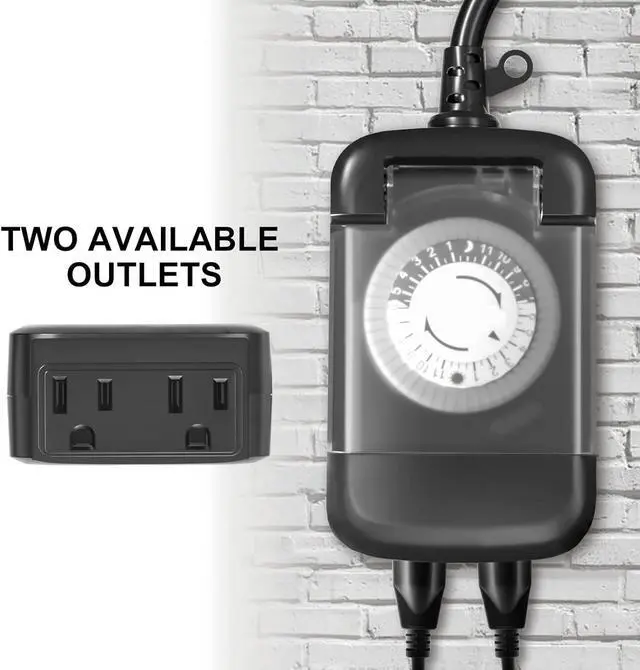 Alt view image 2 of 7 - 24 Hour Outdoor Mechanical Timer Switch with Two Ground outlets, Variable on/Off Setting Every 30 Minutes, 48 pin Setting dial, up to 24 Events per Day,ETL Listed,Black