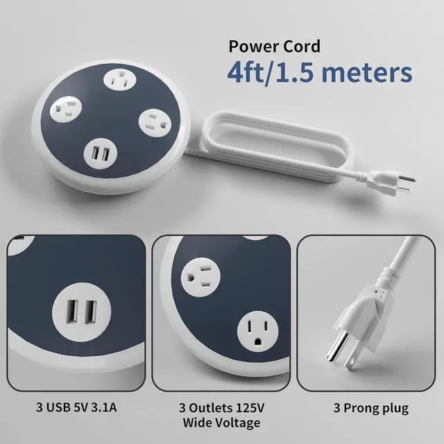 Alt view image 2 of 3 - 3 Multi Outlet Power Strip Surge Protector with 2 Quick USB Charging Ports, OviiTech Round Desktop Charging Station,UFO Shape, ETL Certified, White