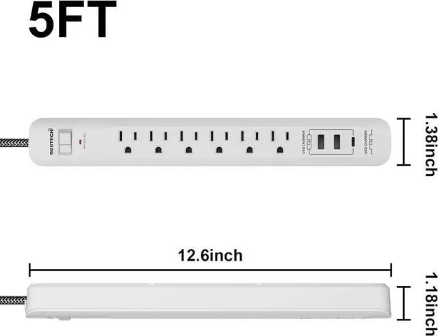 Alt view image 2 of 5 - Oviitech Surge Protector Power Strip with USB Port,6 AC Outlets with 3 USB Ports Power Strip(2 usb-A,1 usb-C),5FT Extension Cord Flat Plug for Home, Office, Travel and Dorm Room,White,2 pack,ETL Liste