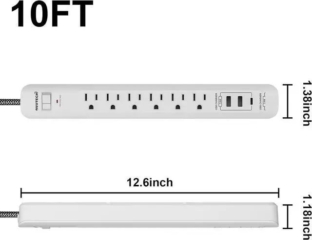 Alt view image 2 of 5 - Oviitech Surge Protector Power Strip with USB Port,6 AC Outlets with 3 USB Ports Power Strip(2 usb-A,1 usb-C),10FT Extension Cord Flat Plug for Home, Office, Travel and Dorm Room,White,2 pack,ETL List