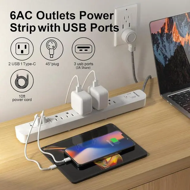 Alt view image 3 of 5 - Oviitech Surge Protector Power Strip with USB Port,6 AC Outlets with 3 USB Ports Power Strip(2 usb-A,1 usb-C),10FT Extension Cord Flat Plug for Home, Office, Travel and Dorm Room,White,2 pack,ETL List