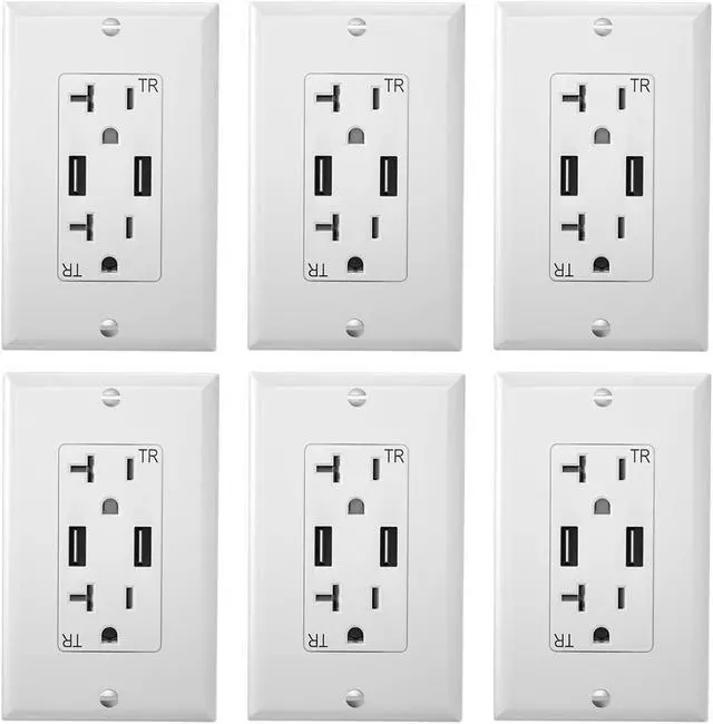 Main image of Outlet with USB High Speed Charger 4.2A Charging Capability,20 Amp Tamper-Resistant Receptacle Wall Socket USB Outlet,ETL Listed,Wall Plate Included,White(6 Pack)
