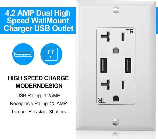Alt view image 3 of 7 - Outlet with USB High Speed Charger 4.2A Charging Capability,20 Amp Tamper-Resistant Receptacle Wall Socket USB Outlet,ETL Listed,Wall Plate Included,White(6 Pack)