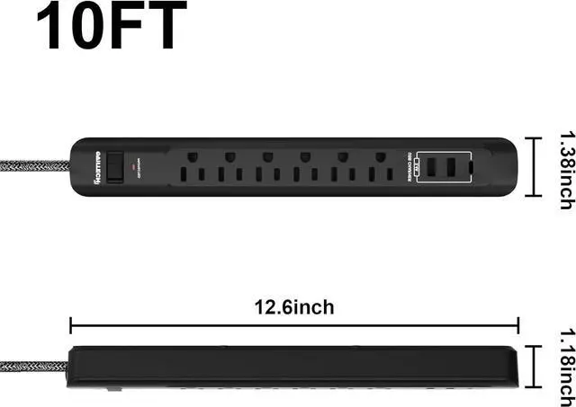 Alt view image 2 of 5 - Oviitech Surge Protector Power Strip with USB Port,6 AC Outlets with 3 USB Ports Power Strip(2 usb-A,1 usb-C),10FT Extension Cord Flat Plug for Home, Office, Travel and Dorm Room,Black,2 pack,ETL List