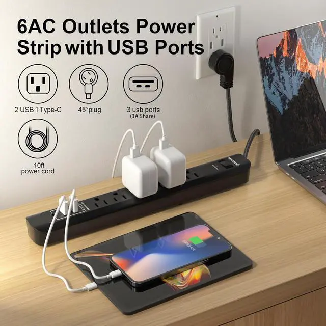 Alt view image 3 of 5 - Oviitech Surge Protector Power Strip with USB Port,6 AC Outlets with 3 USB Ports Power Strip(2 usb-A,1 usb-C),10FT Extension Cord Flat Plug for Home, Office, Travel and Dorm Room,Black,2 pack,ETL List