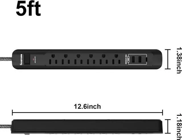 Alt view image 2 of 5 - Oviitech Surge Protector Power Strip with USB Port,6 AC Outlets with 3 USB Ports Power Strip(2 usb-A,1 usb-C),5FT Extension Cord Flat Plug for Home, Office, Travel and Dorm Room,Black,2 pack,ETL Liste