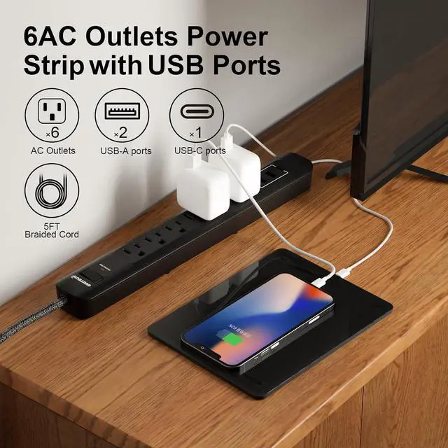 Alt view image 4 of 5 - Oviitech Surge Protector Power Strip with USB Port,6 AC Outlets with 3 USB Ports Power Strip(2 usb-A,1 usb-C),5FT Extension Cord Flat Plug for Home, Office, Travel and Dorm Room,Black,2 pack,ETL Liste