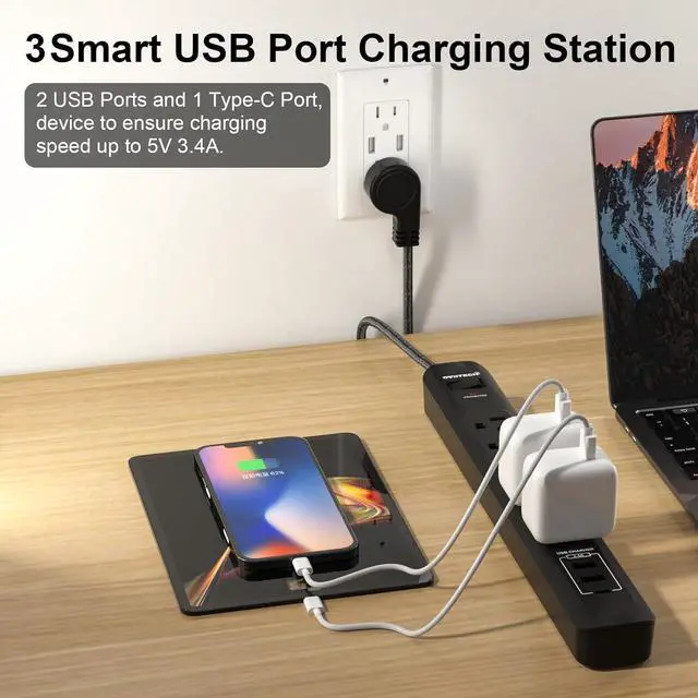 Alt view image 3 of 5 - Oviitech Surge Protector Power Strip with USB Port,6 AC Outlets with 3 USB Ports Power Strip(2 usb-A,1 usb-C),5FT Extension Cord Flat Plug for Home, Office, Travel and Dorm Room,Black,2 pack,ETL Liste