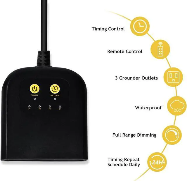 Alt view image 6 of 6 - Outdoor Dimmer, 3 Grounded Outlets for String Lights, 100Ft Remote Control, Lamp Dimmer Timer Plug in, Outdoor Waterproof for Dimmable LED/Tungsten Bulb/Patio Lights