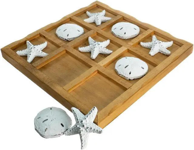 Main image of Tic Tac Toe Game - 9" X 9" Tic Tac Toe Decor Home W/ White Resin Starfish & Sand Dollars - Real Wooden Tic Tac Toe Game - Tic Tac Toe Coffee Table Game - Nautical Board Game