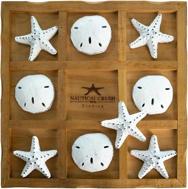 Alt view image 2 of 4 - Tic Tac Toe Game - 9" X 9" Tic Tac Toe Decor Home W/ White Resin Starfish & Sand Dollars - Real Wooden Tic Tac Toe Game - Tic Tac Toe Coffee Table Game - Nautical Board Game