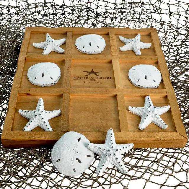 Alt view image 3 of 4 - Tic Tac Toe Game - 9" X 9" Tic Tac Toe Decor Home W/ White Resin Starfish & Sand Dollars - Real Wooden Tic Tac Toe Game - Tic Tac Toe Coffee Table Game - Nautical Board Game