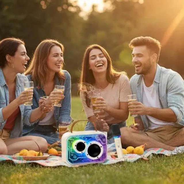 Alt view image 4 of 7 - Portable Bluetooth Party Speaker with Wireless Microphones RGB Lights.