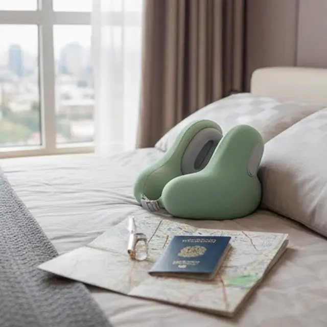 Alt view image 6 of 6 - Travel Neck Pillow with Bluetooth Headset Memory Foam Airplane Pillow with Head Support Green