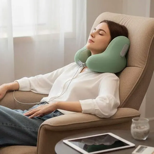 Alt view image 5 of 6 - Travel Neck Pillow with Bluetooth Headset Memory Foam Airplane Pillow with Head Support Green