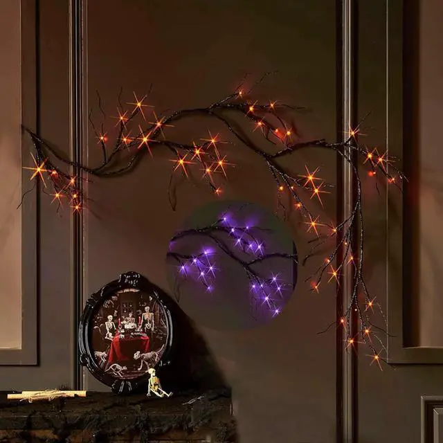 Main image of GlowBright 48 LED Black Branch Garland Lights 6FT Purple & Orange