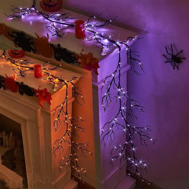 Alt view image 2 of 6 - GlowBright 48 LED Black Branch Garland Lights 6FT Purple & Orange