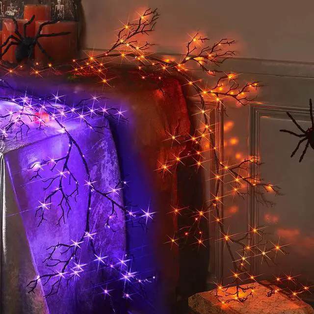 Alt view image 3 of 6 - GlowBright 48 LED Black Branch Garland Lights 6FT Purple & Orange