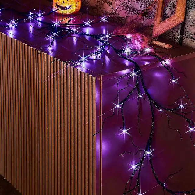 Alt view image 5 of 6 - GlowBright 48 LED Black Branch Garland Lights 6FT Purple & Orange