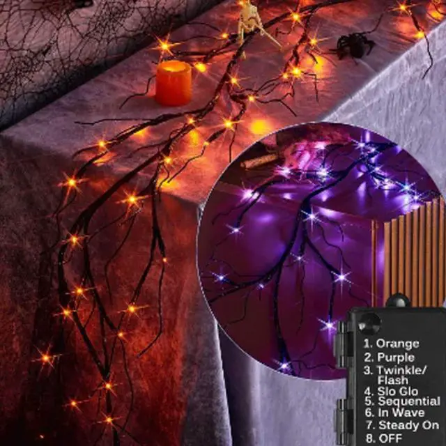 Alt view image 4 of 6 - GlowBright 48 LED Black Branch Garland Lights 6FT Purple & Orange