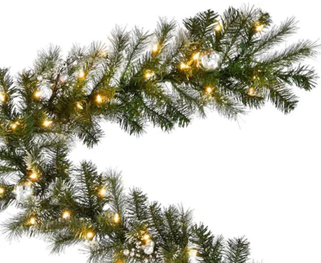 Alt view image 2 of 5 - 6' Prelit Snow Dusted Nulato Pine Garland - Silver Ornaments & Berries