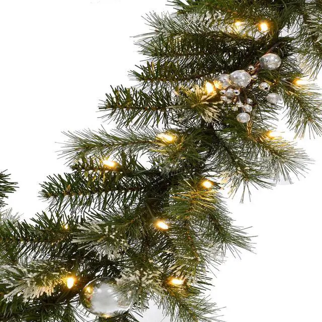 Alt view image 4 of 5 - 6' Prelit Snow Dusted Nulato Pine Garland - Silver Ornaments & Berries