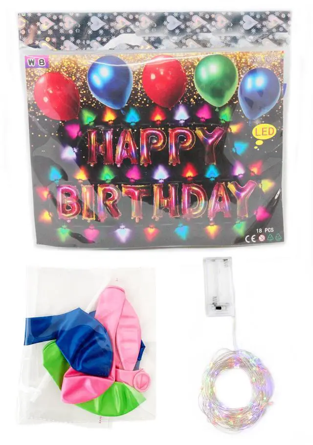 Alt view image 2 of 5 - Happy Birthday Balloons Set w/ LED Battery Fairy Lights