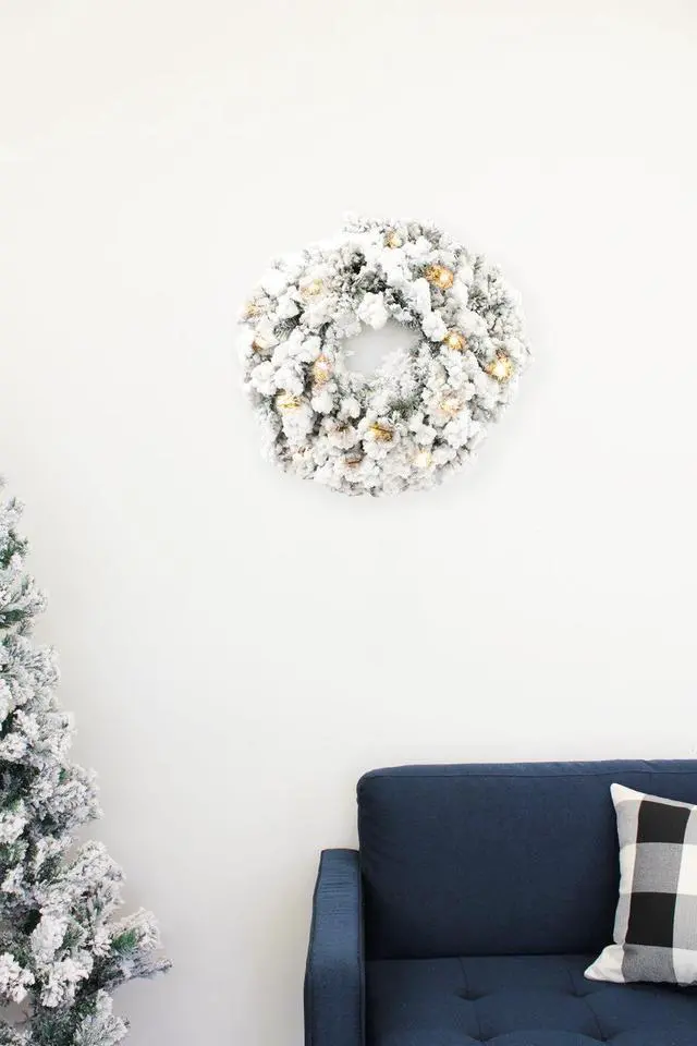 Alt view image 2 of 2 - Prelit Heavy Flocked Pine Wreath 24 Inch Battery Operated